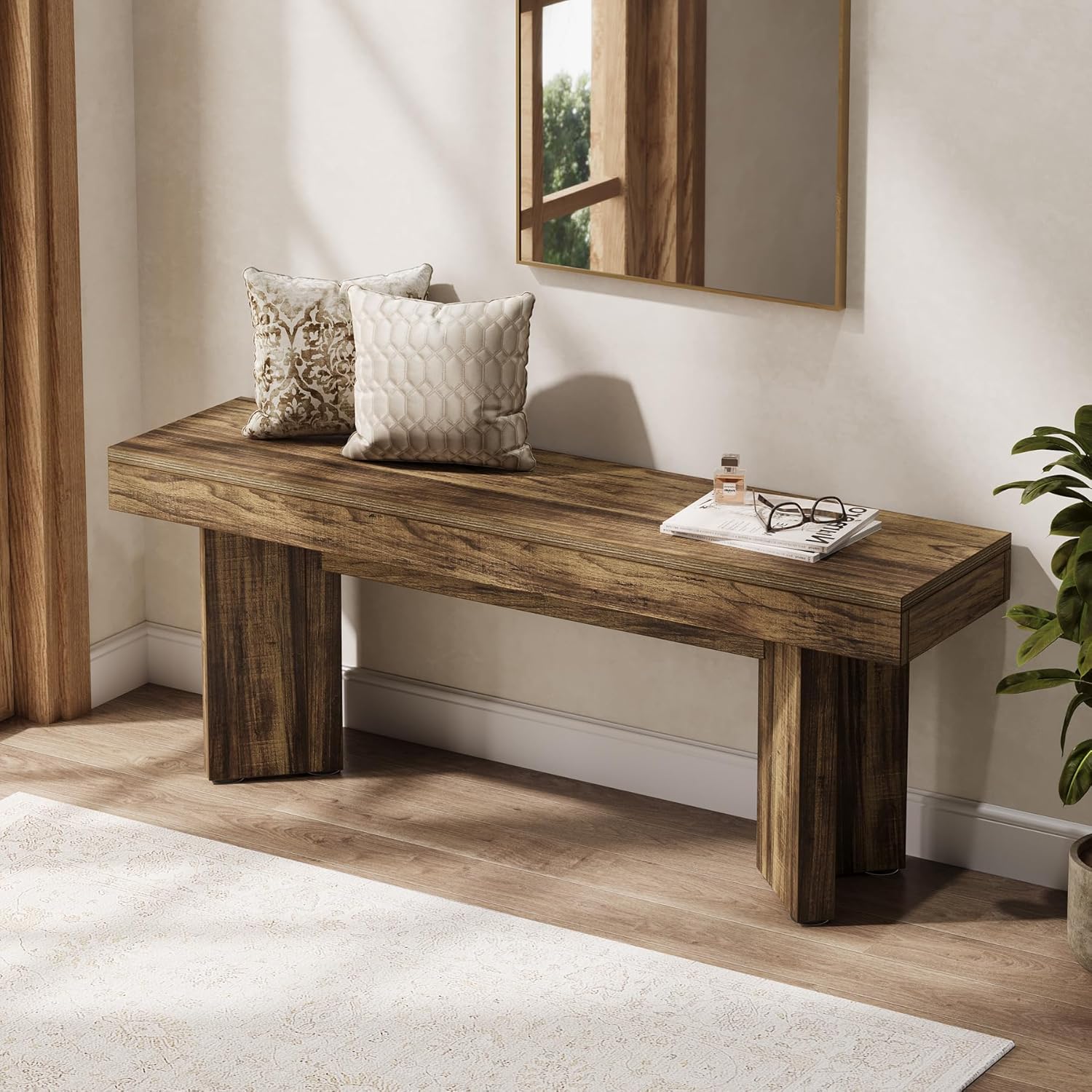 Tribesigns 47" Wooden Entryway Bench, Farmhouse Indoor End of Bed Bench, Long Table Benches Seat for Bedroom, Hallway, Foyer, End of Bed (Dark Brown)
