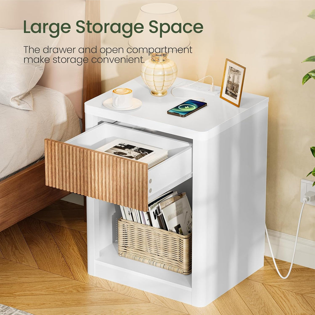 CHOEZON Fluted Nightstand with Charging Station, 19" Wide Side Table with Drawer, Bedside Table with Open Compartment, End Table Sofa Side Table for Bedroom, White and Natural MBZ14UWN