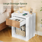 CHOEZON Fluted Nightstand with Charging Station, 19" Wide Side Table with Drawer, Bedside Table with Open Compartment, End Table Sofa Side Table for Bedroom, White and Natural MBZ14UWN