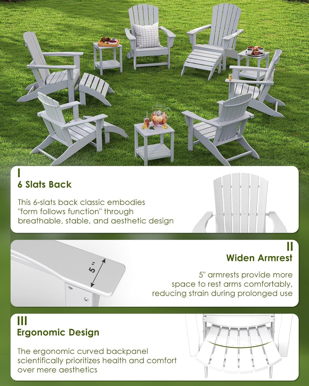 GREENVINES Adirondack Chairs Set of 2 | HDPE Plastic | Oversized Fire Pit Chair | All Weather | Poly Lumber | White | for Outdoor Deck Backyard Patio Garden