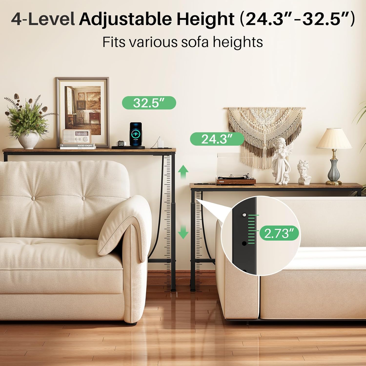 Kitstorack 94.5" Extra Long Behind Couch Table, Adjustable Height Narrow Console Table with 2 Power Strips, Split Design for Separate Wall Use, Anti-Scratch Tip, Rustic Brown for Living Room