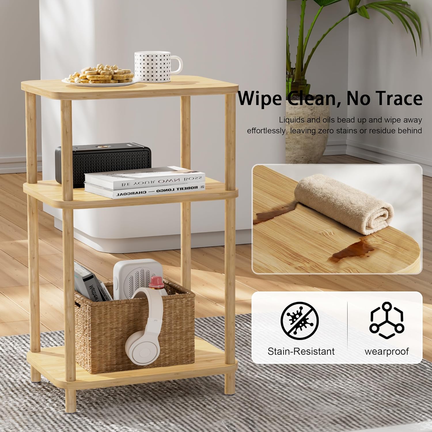 Bamboo End Table, Side Table for Small Space with Storage Shelf, Small Table Stand, Narrow Wooden Bedside Table Nightstand, Toolless Assembly, for Nursery, Living Room, Bedroom, Natural