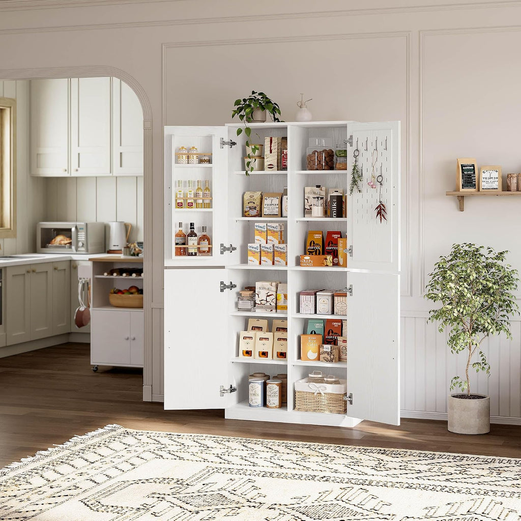 IRONCK 71" Kitchen Pantry Storage Cabinet with Storage Rack, Pegboard Doors, 4 Adjustable Shelves, Food Pantry Cabinet, Freestanding Tall Cupboard for Dining Room, Kitchen, White