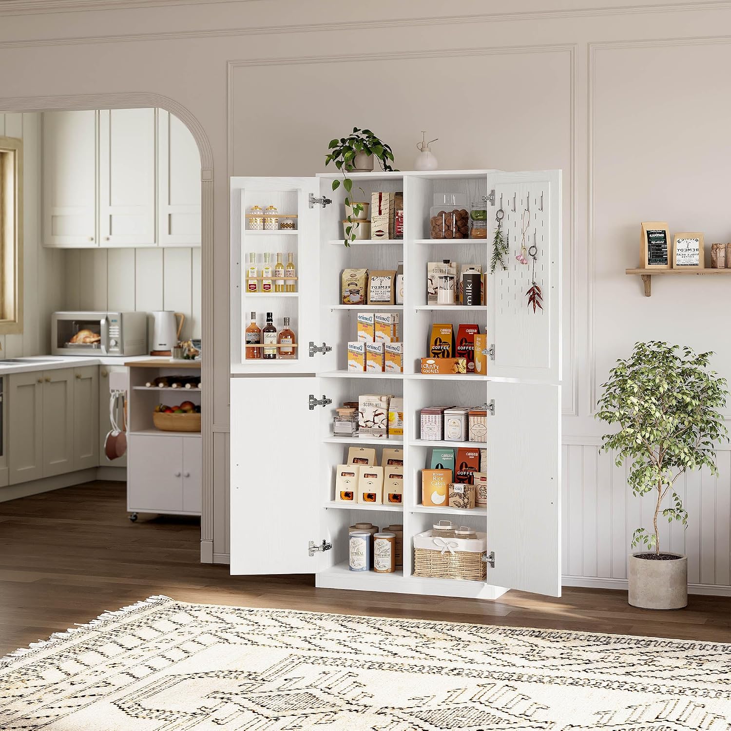 IRONCK 71" Kitchen Pantry Storage Cabinet with Storage Rack, Pegboard Doors, 4 Adjustable Shelves, Food Pantry Cabinet, Freestanding Tall Cupboard for Dining Room, Kitchen, White