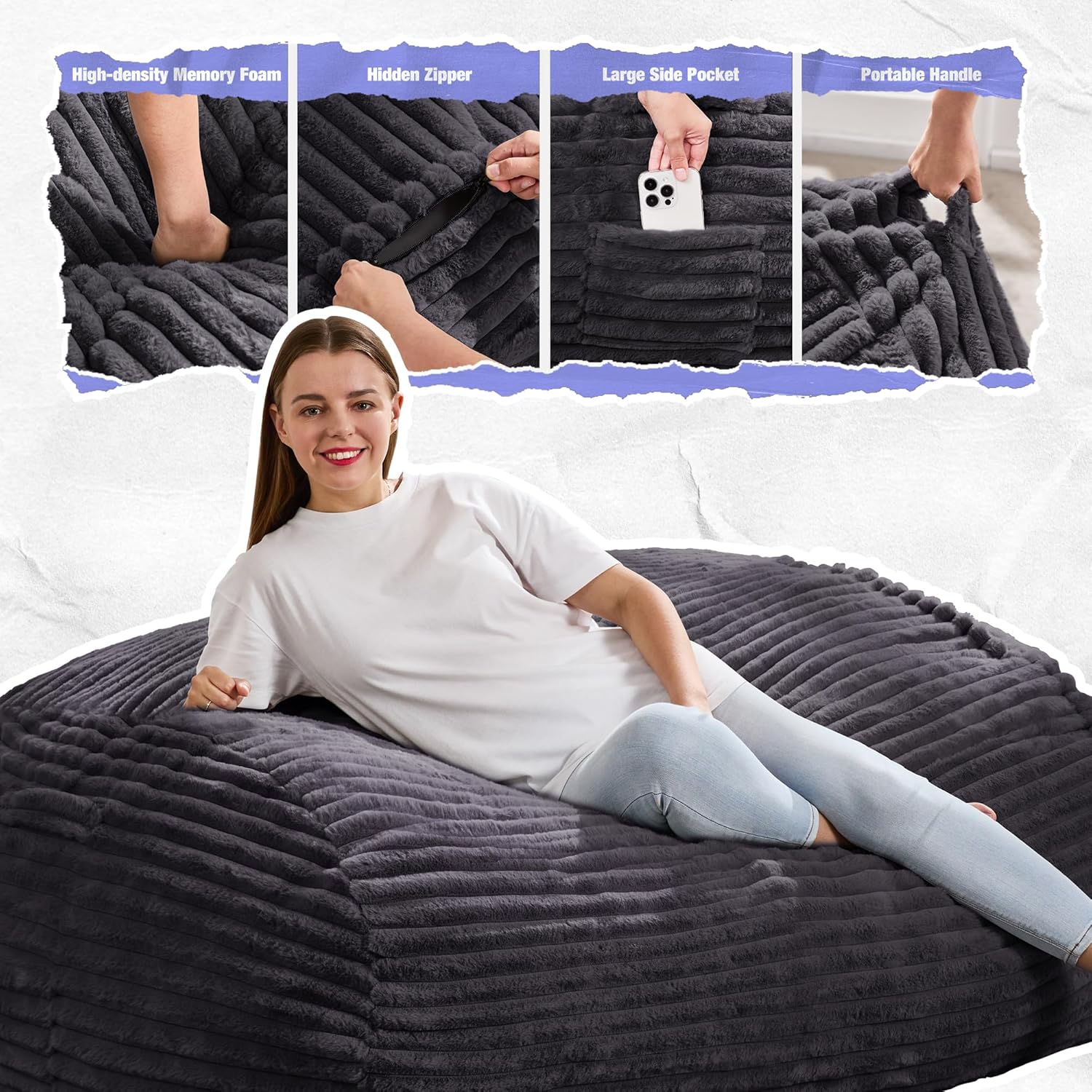 Hobestluk 4FT Bean Bag Chairs Adult Bean Bag with Portable Handle Comfy Large Bean Bag Chair with Removable Cover for Living Room Bedroom or Reading Nook (Stripe Dark Grey, 4FT)