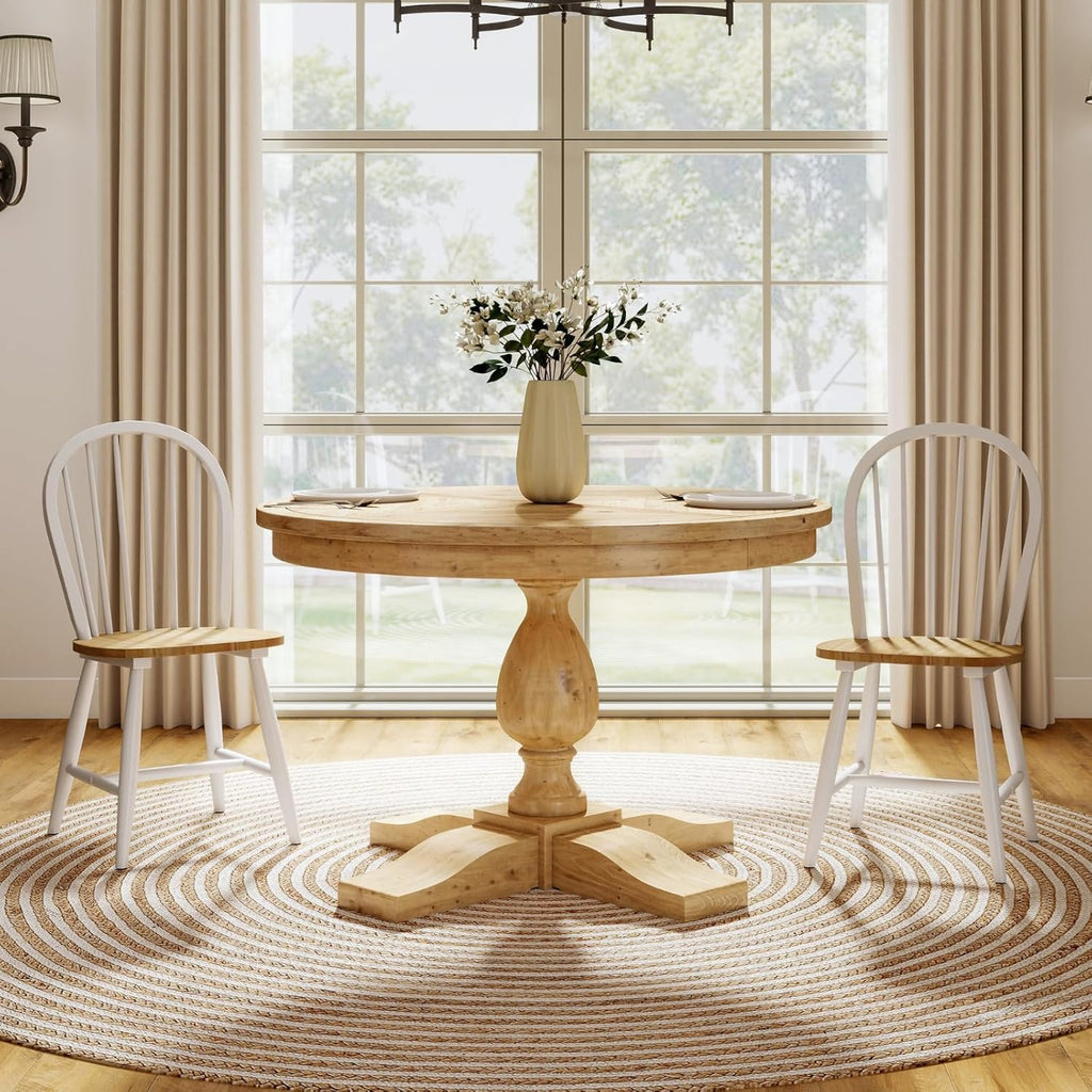 chairus White Windsor Dining Chairs Set of 2, Farmhouse Wooden Dining Room Chairs with Spindle Bow Back, Modern Cottage Oak Side Kitchen Chairs