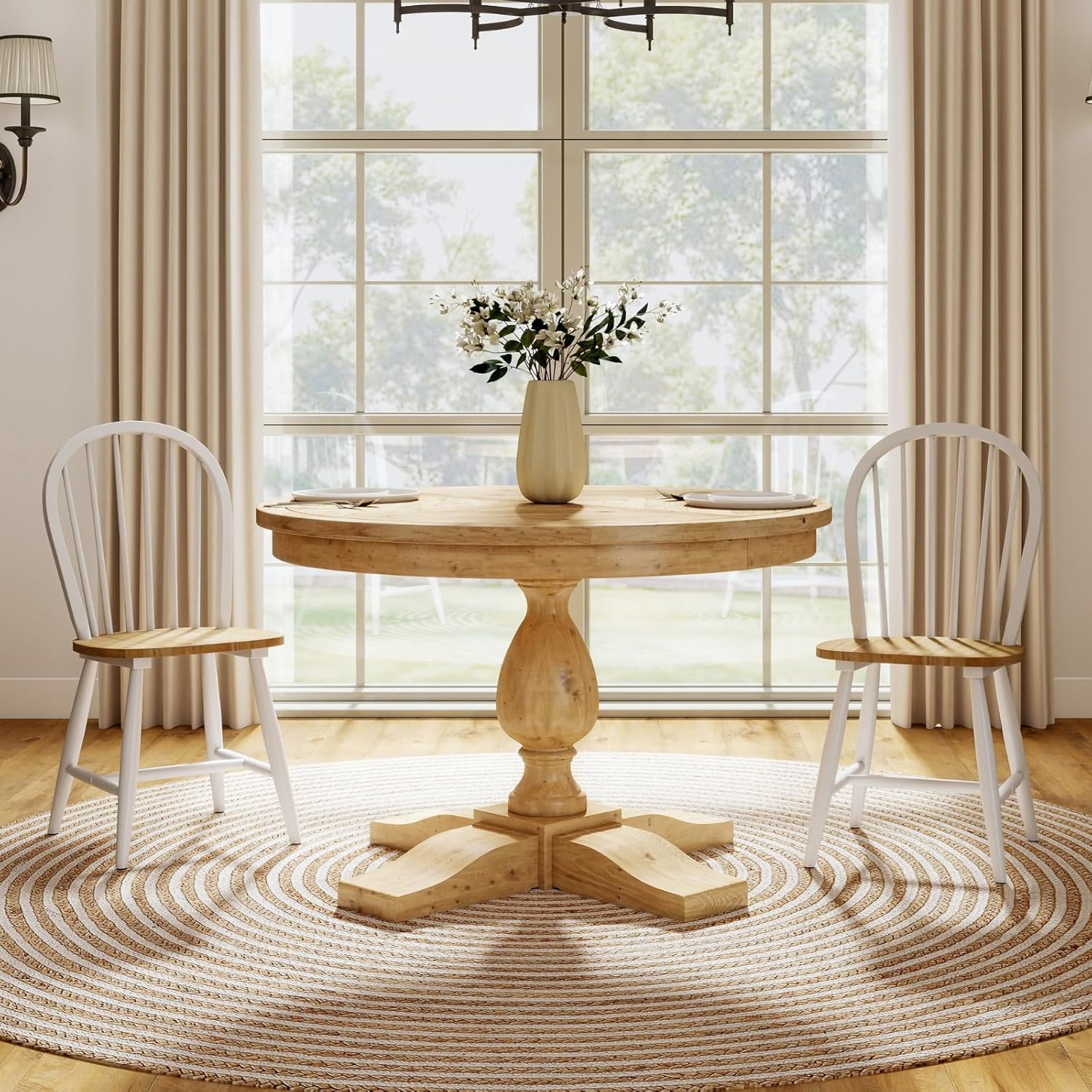 chairus White Windsor Dining Chairs Set of 2, Farmhouse Wooden Dining Room Chairs with Spindle Bow Back, Modern Cottage Oak Side Kitchen Chairs