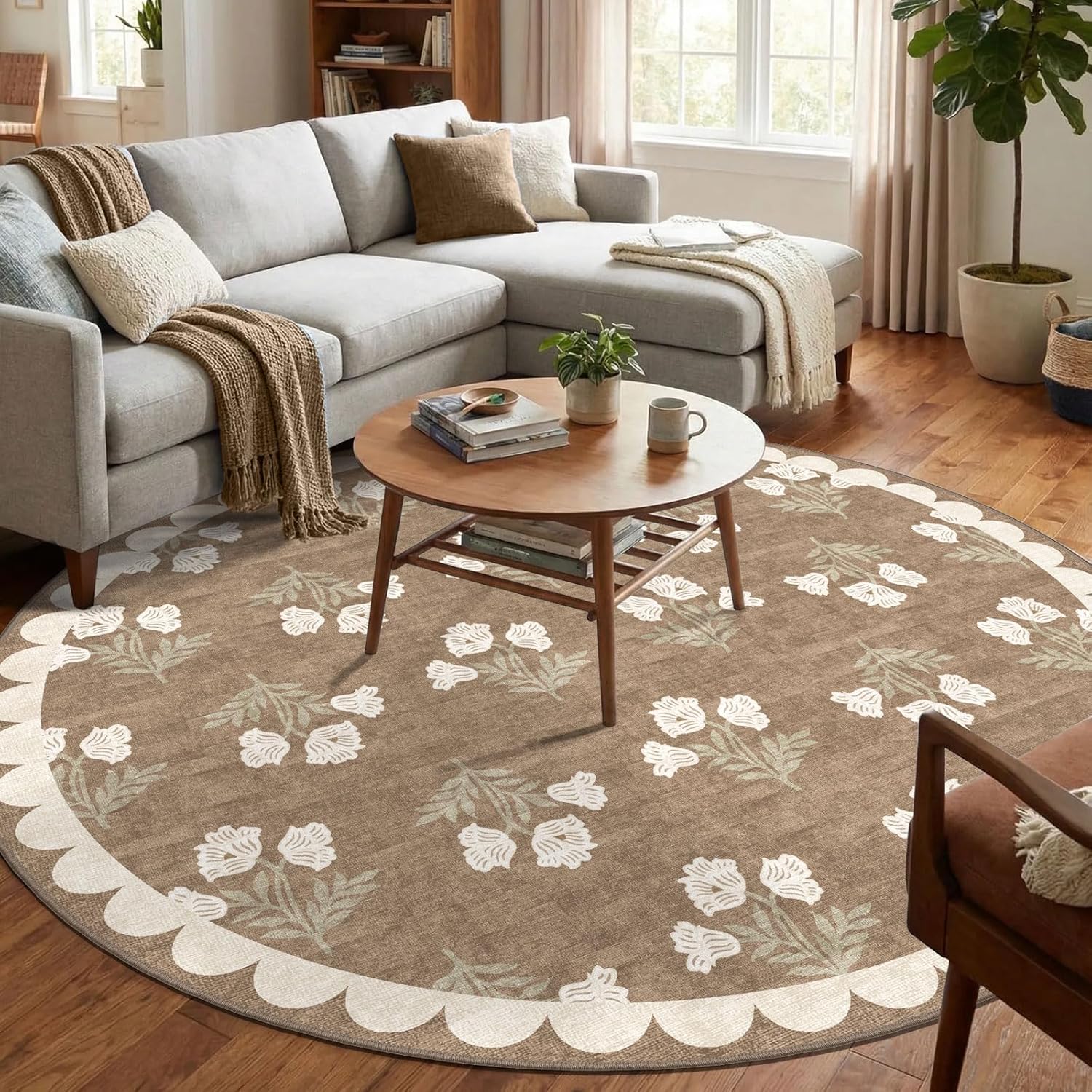 Tan 6ft Round Area Rug for Living Room - Large Washable Floral Neutral Farmhouse Scalloped Circle Rug for Bedroom Stain Resistant Dining Room Rugs for Under Round Table Carpet for Living Room