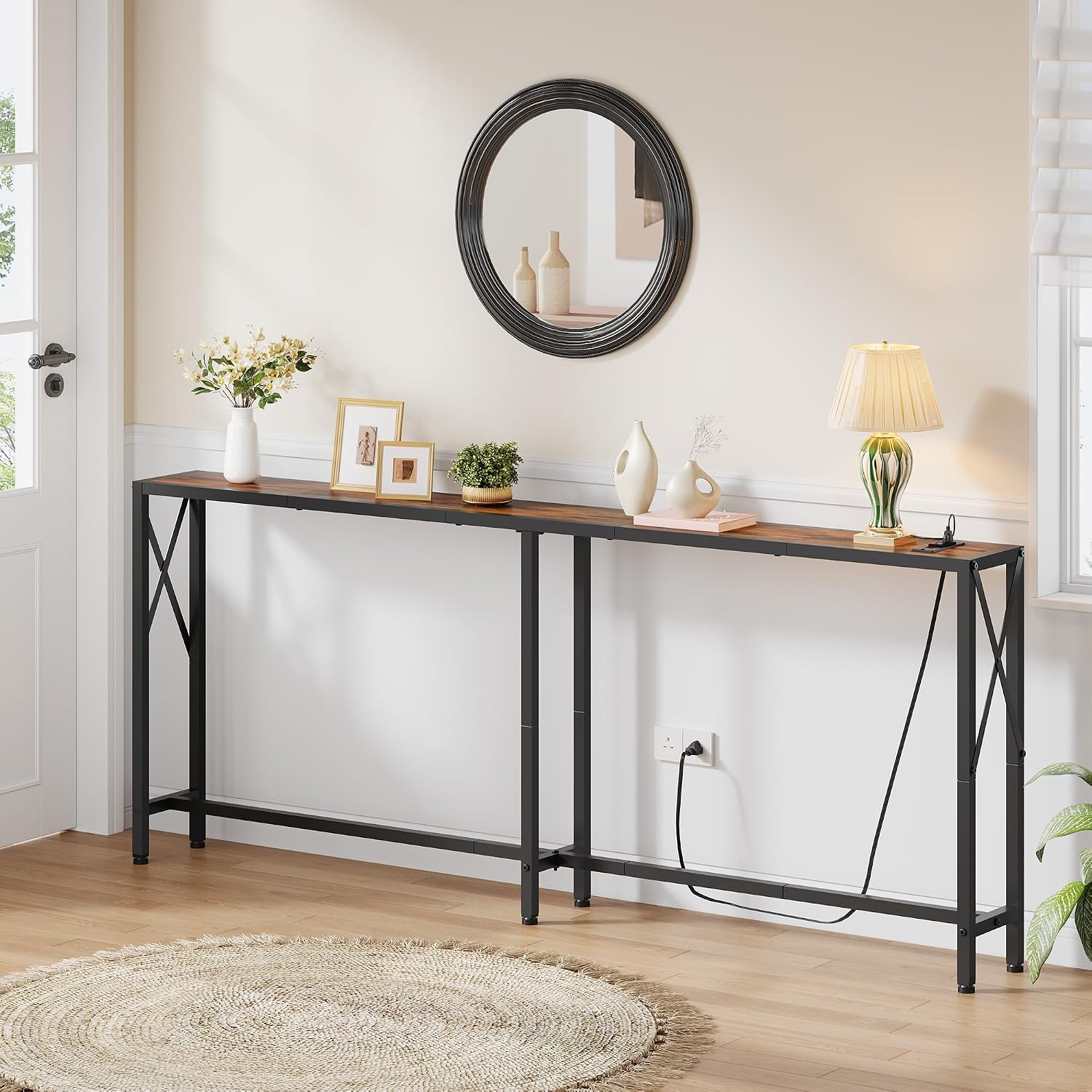 Gewudraw 70 in Skinny Sofa Table Behind Couch, Console Table with Oulets & USB Ports for Hallway, Entryway,Living Room, Bedroom, Rustic Brown