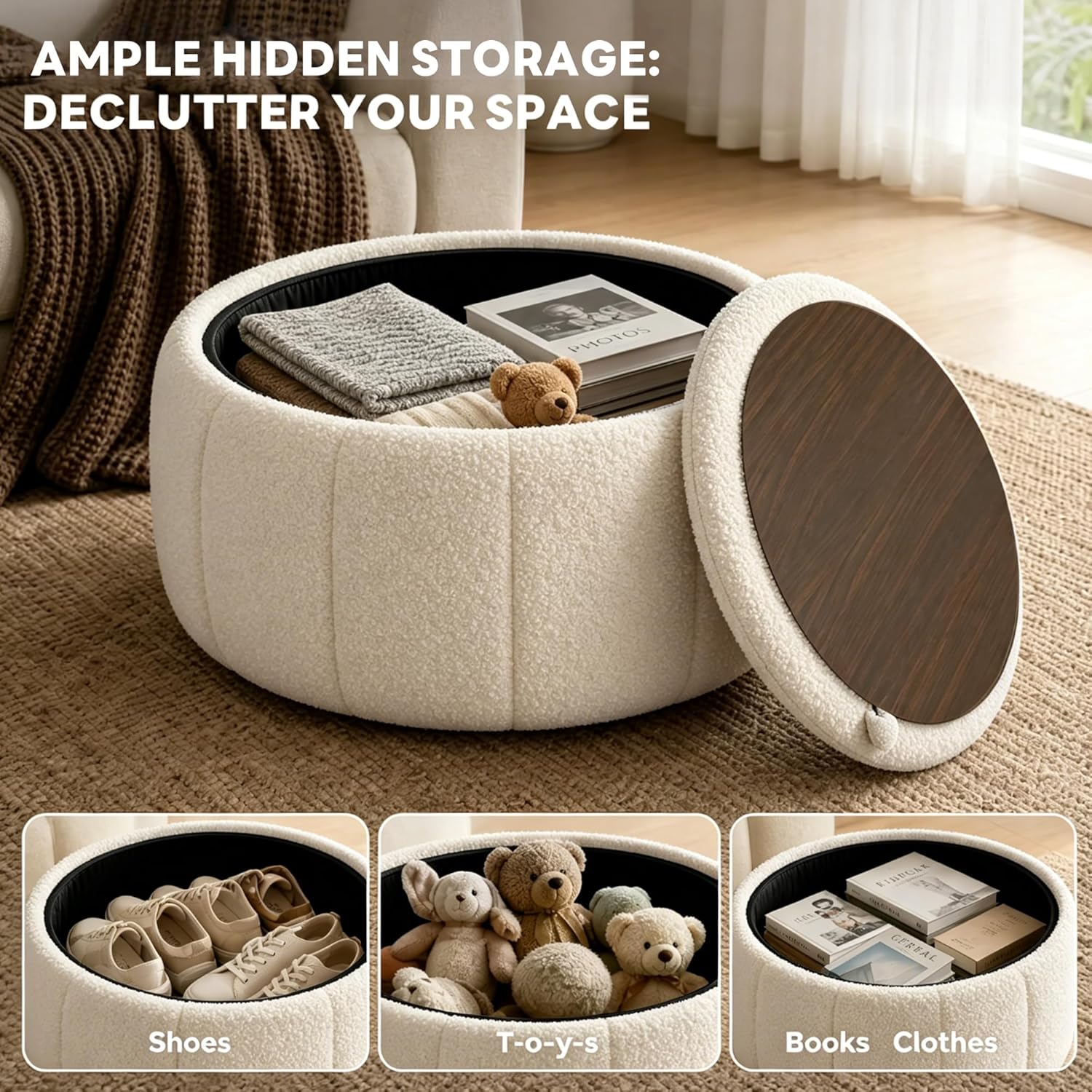 Tbfit Round Storage Ottoman - No Assembly Required, Storage & Sturdy Structure Multi-Functional Seat/Footrest for Living Room, Bedroom & Kids Room Soft Fabric for Family Home Use, White