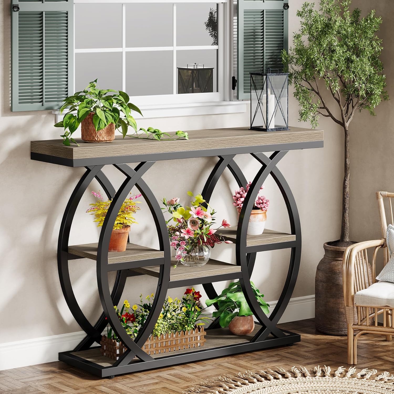 Tribesigns 39.4" Console Table, Industrial 4-Tier Sofa Table Entryway Table with Storage Shelves, Narrow Wood Accent Tables with Metal Frame for Small Spaces, Hallway, Foyer, Grey