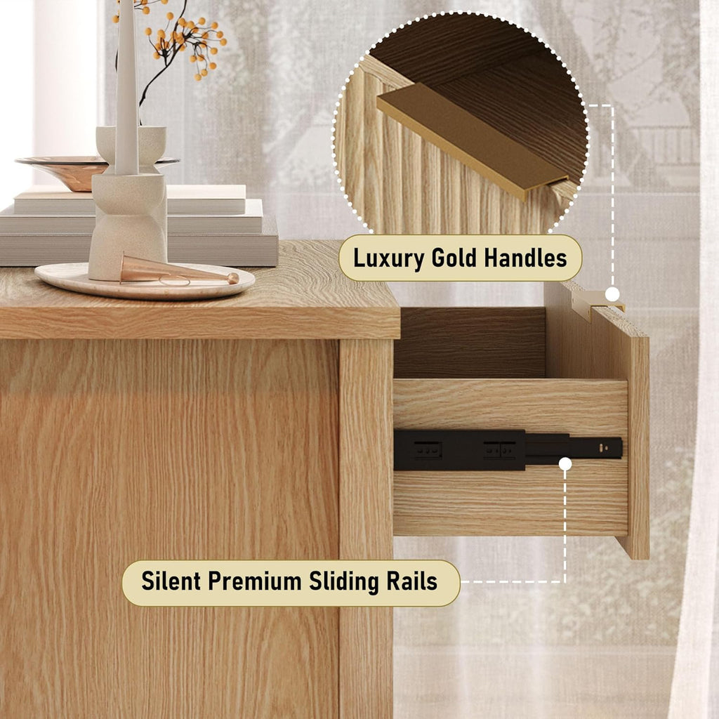 Fluted 55'' Sideboard Cabinet with Drawers,Large Storage Buffet 4 Doors and 2 Drawers Coffee Bar Console Table Storage for Dinning Room, Kitchen, Living Room (WOOD-32'')