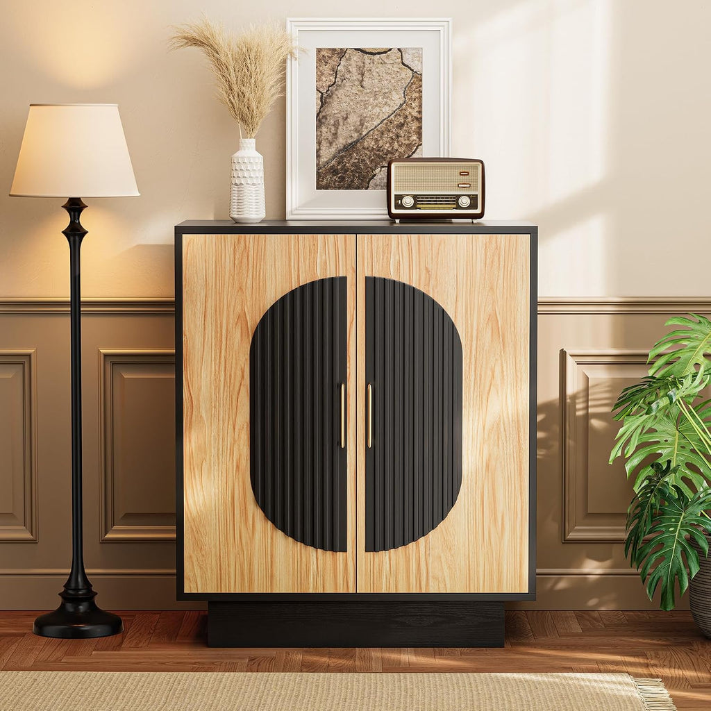 29" Fluted Modular Buffet Cabinet with Arched Doors & Gold Handles, Mid Century Modern Sideboard Credenza Storage with Adjustable Shelves, Wood Coffee Bar Console Table for Dining Living Room