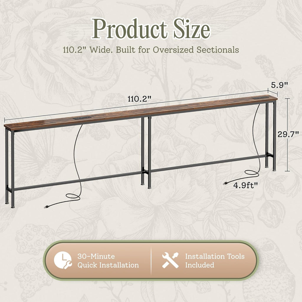 Huuger 110.2 Inch Behind Couch Table with 2 Power Outlets and USB-C Ports, Extra Long Narrow Sofa Table for Sectional Sofa, Skinny Console Table with Anti-Bump Pads, for Living Room, Rustic Brown
