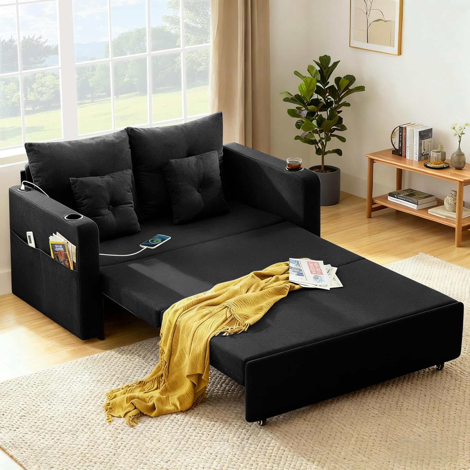 Busaurus Sleeper Sofa Bed, Convertible Pull Out Couch, 56" Full Size Loveseat Sleeper Sofa with 4 Pillows, Pocket & USB, Small Couch Bed for Small Spaces, Bedroom, Apartment, Living Room, Linen Black