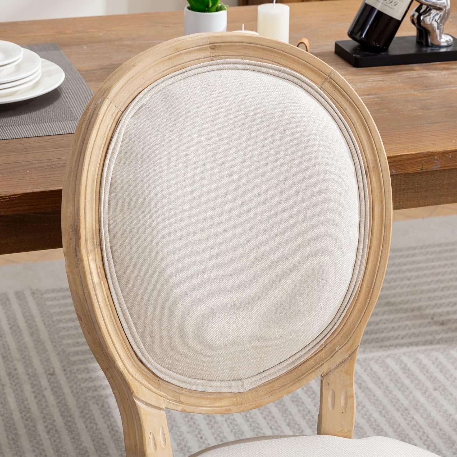 French Country Dining Chairs Set of 2,Farmhouse Upholstered Dining Room Chairs with Round Back and Solid Leg,Fabric Kitchen Side Chairs for Kitchen/Bedroom/Dining Room,Beige
