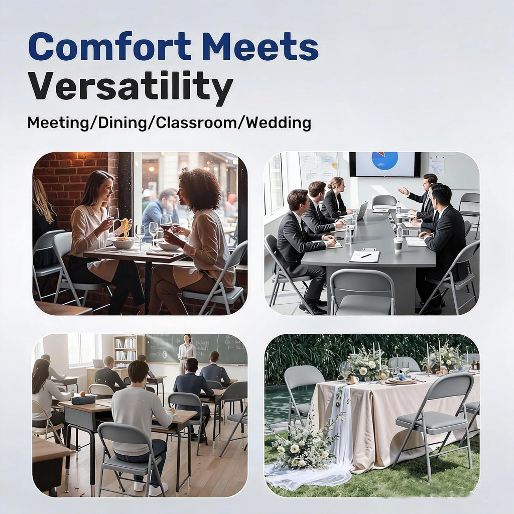 Simple Deluxe Dining Chairs Set of 4, Leather Cushion Foldable Modern Kitchen Side Chair with Padded Back& Metal Legs, Upholstered Dinner Seat Gift for Home/Living Room/Bedroom/Restaurant, Grey
