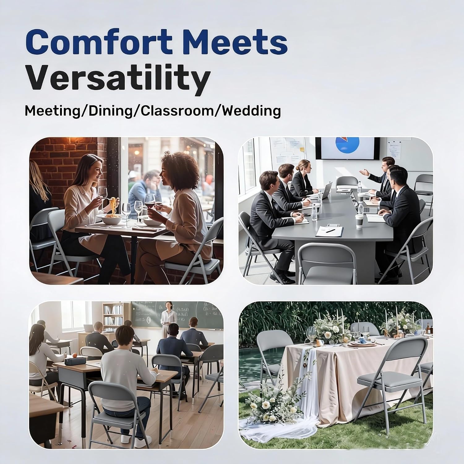 Simple Deluxe Dining Chairs Set of 4, Leather Cushion Foldable Modern Kitchen Side Chair with Padded Back& Metal Legs, Upholstered Dinner Seat Gift for Home/Living Room/Bedroom/Restaurant, Grey