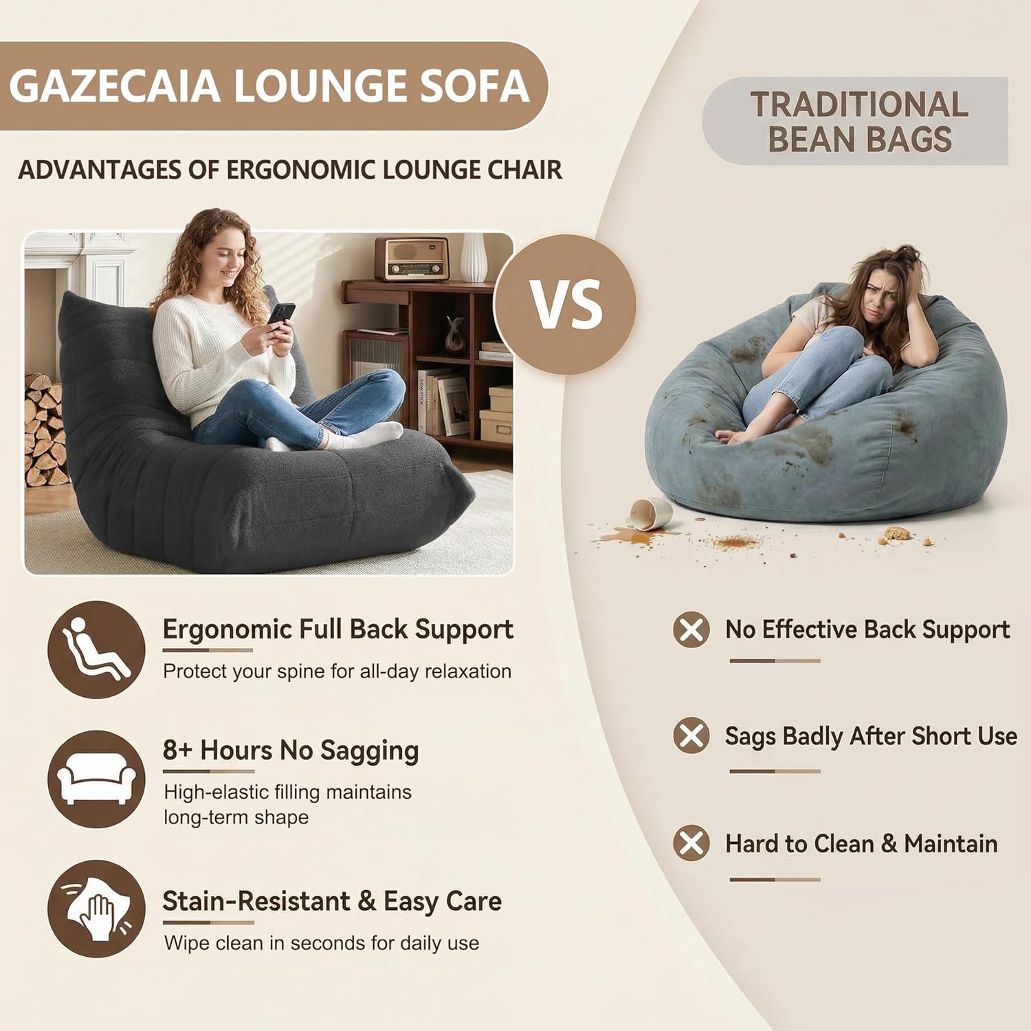 Gazecaia Comfy Bean Bag Chair for Adults Teens | Fireside Floor Lounge Chair,Soft Teddy High-Resilience Memory Foam Bean Bag Couch with Non-Slip Base,for Living Room Bedroom Apartment Office,Dark Gray
