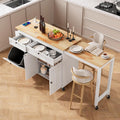 ONBRILL Kitchen Islands with Extendable Dining Table, 81.7" Mobile Kitchen Storage Islands, Rolling Kitchen Cart with Trash Cabinet, Power Outlet, Spice Rack & Towel Rack, White