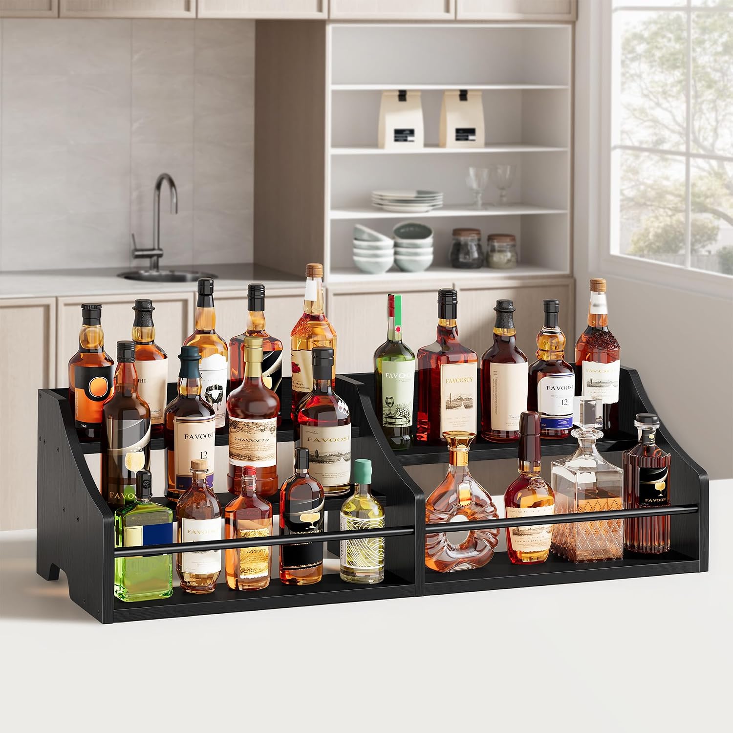 FAVOOSTY 5 Tier Countertop Liquor Bottle Display Shelf Organizer, Retro Tabletop Wine Rack Stand, Multi-Purpose Storage Holder for Whiskey, Spirits, Coffee Syrup, Mini Home Bar & Liquor Cabinet,Black