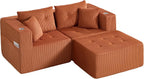 73" Loveseat Modular Sectional Sofa, Oversized 2-Seater Boneless Tufted Cloud Couch with Cup Holder and Movable Ottoman, Corduroy Upholstery Small Couches for Living Room, No Assembly Orange