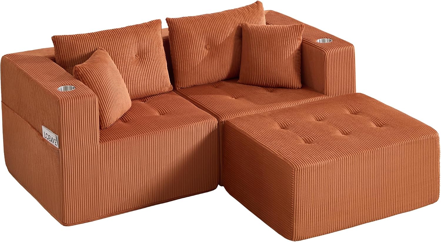 73" Loveseat Modular Sectional Sofa, Oversized 2-Seater Boneless Tufted Cloud Couch with Cup Holder and Movable Ottoman, Corduroy Upholstery Small Couches for Living Room, No Assembly Orange