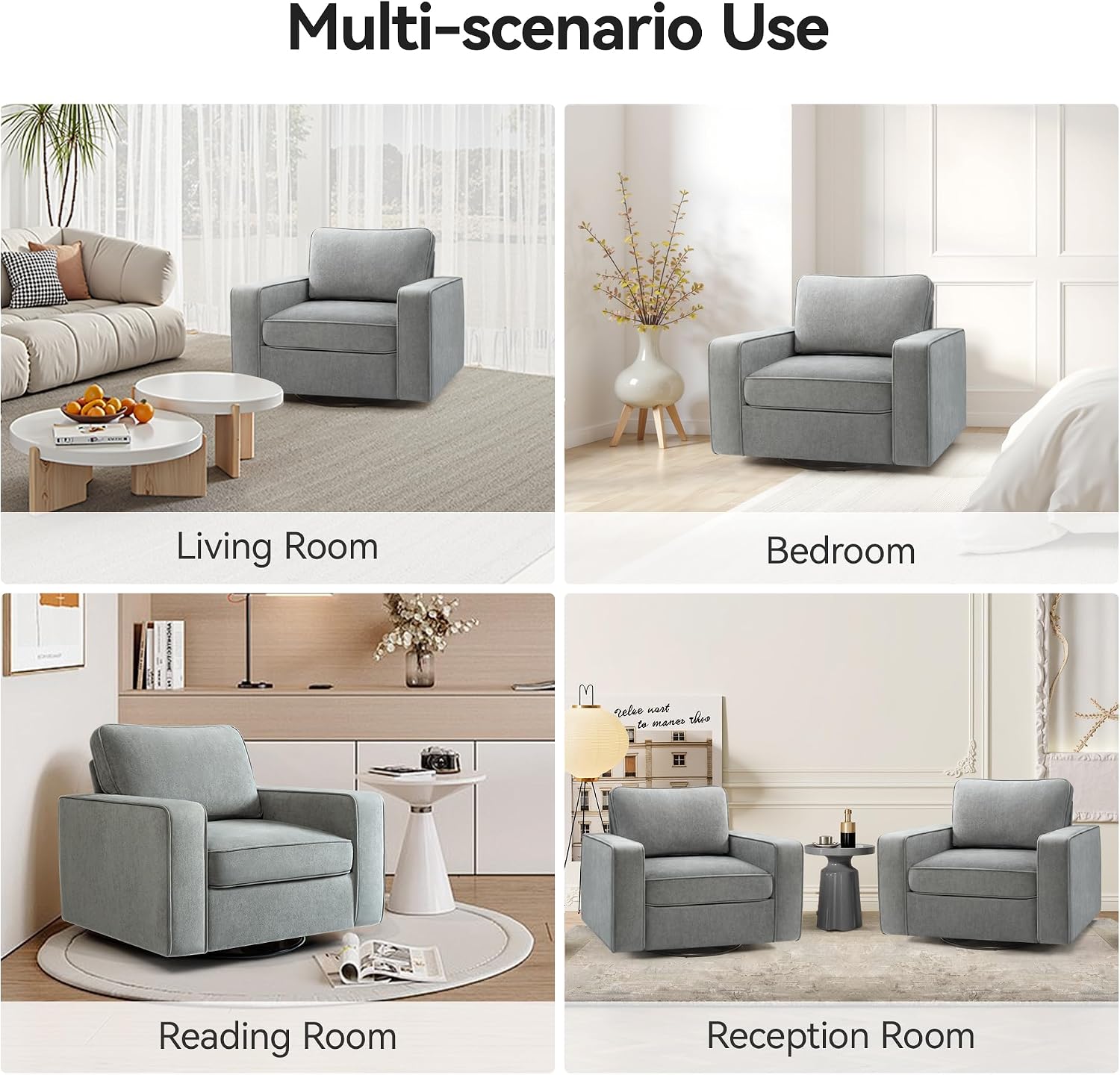 36.2" Wide Swivel Accent Chair - 360° Rotation Upholstered Modern Design Comfortable Cushioned Seating, Pillowback Glider Rocking Chair for Living Room, Bedroom, Nursery and Reading Nook, Gray