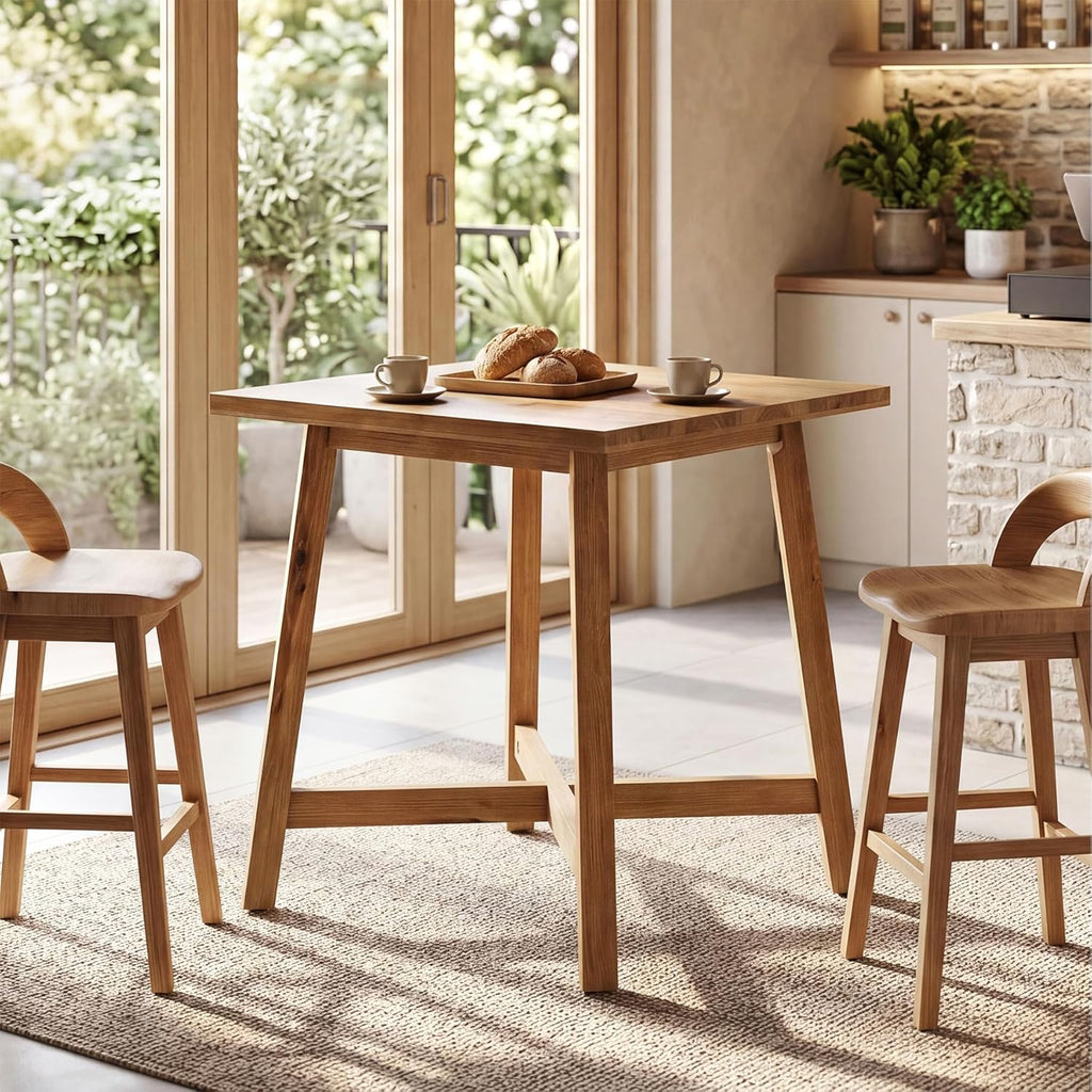 Solid Wood Bar Table, Farmhouse 31.5 Inch Square Counter Height Bistro Table with Footrest, Commercial Pub High Top Cocktail Furniture for Restaurant Cafe Bar, Brown