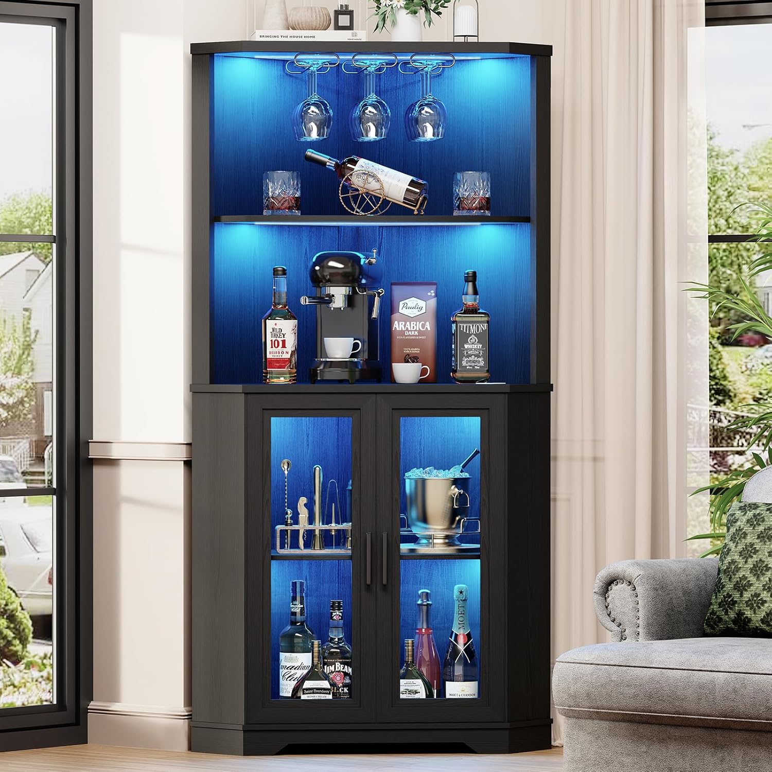 Corner Bar Cabinet with LED Lights, 65" Tall Wine Cabinet with Glass Holder & Tempered Glass Door, 4-Tier Liquor Alcohol Cabinet & Coffee Bar with Human Body Sensor for Dining Room, Black