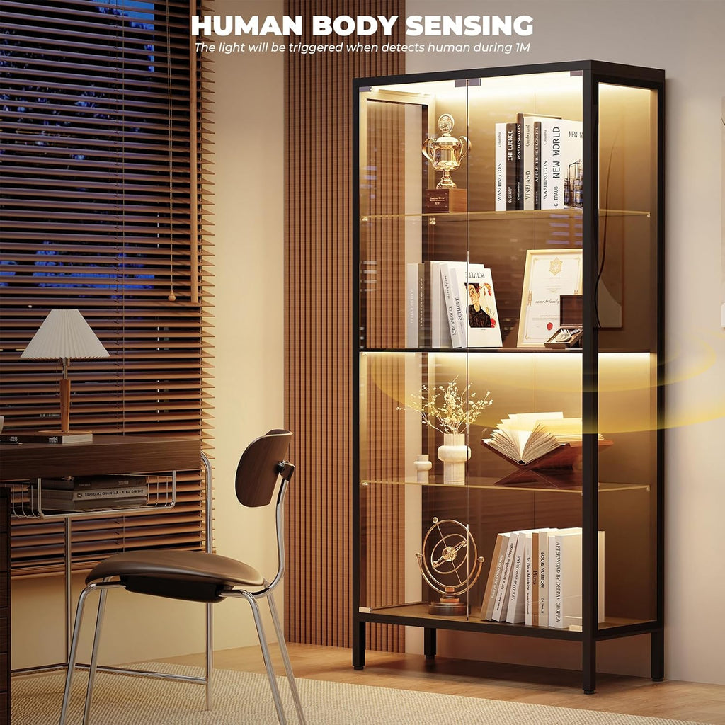Display Cabinet with Glass Doors, 4-Tier Curio Cabinet with 3 Color Lights, Metal Glass Display Case with Motion Sensor, Storage Cabinets with Adjustable Glass Shelves, Bookcase, Black