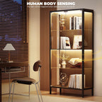 Display Cabinet with Glass Doors, 4-Tier Curio Cabinet with 3 Color Lights, Metal Glass Display Case with Motion Sensor, Storage Cabinets with Adjustable Glass Shelves, Bookcase, Black