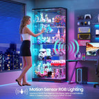 Glass Display Cabinet with RGB Lights,10-Tiers Curio Dispaly Cabinet with Human Body Sensor, Frameless Tall China Cabinets for Collectibles, Locking Showcase Cabinets with Shelf for Living Room