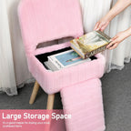 Vanity Stool Chair with Storage & Folding Back, Faux Rabbit Fur Soft Padded Seat Ottoman, 4 Solid Wood Legs Anti-Slip Feet, Small Stool for Vanity Desk for Makeuproom, Bedroom 15.7”x12.5”x28.7”（Pink）