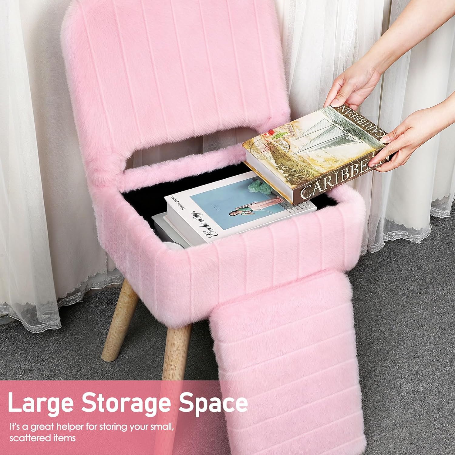 Vanity Stool Chair with Storage & Folding Back, Faux Rabbit Fur Soft Padded Seat Ottoman, 4 Solid Wood Legs Anti-Slip Feet, Small Stool for Vanity Desk for Makeuproom, Bedroom 15.7”x12.5”x28.7”（Pink）