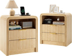 Decofy Fluted Nightstand Set of 2 with Charging Station, 19.7'' Wide Morden End Table with USB/Type-C Ports, 2 Drawers & Open Shelf, Curved Profile Design, Wood Bedside Table for Bedroom (Oak)