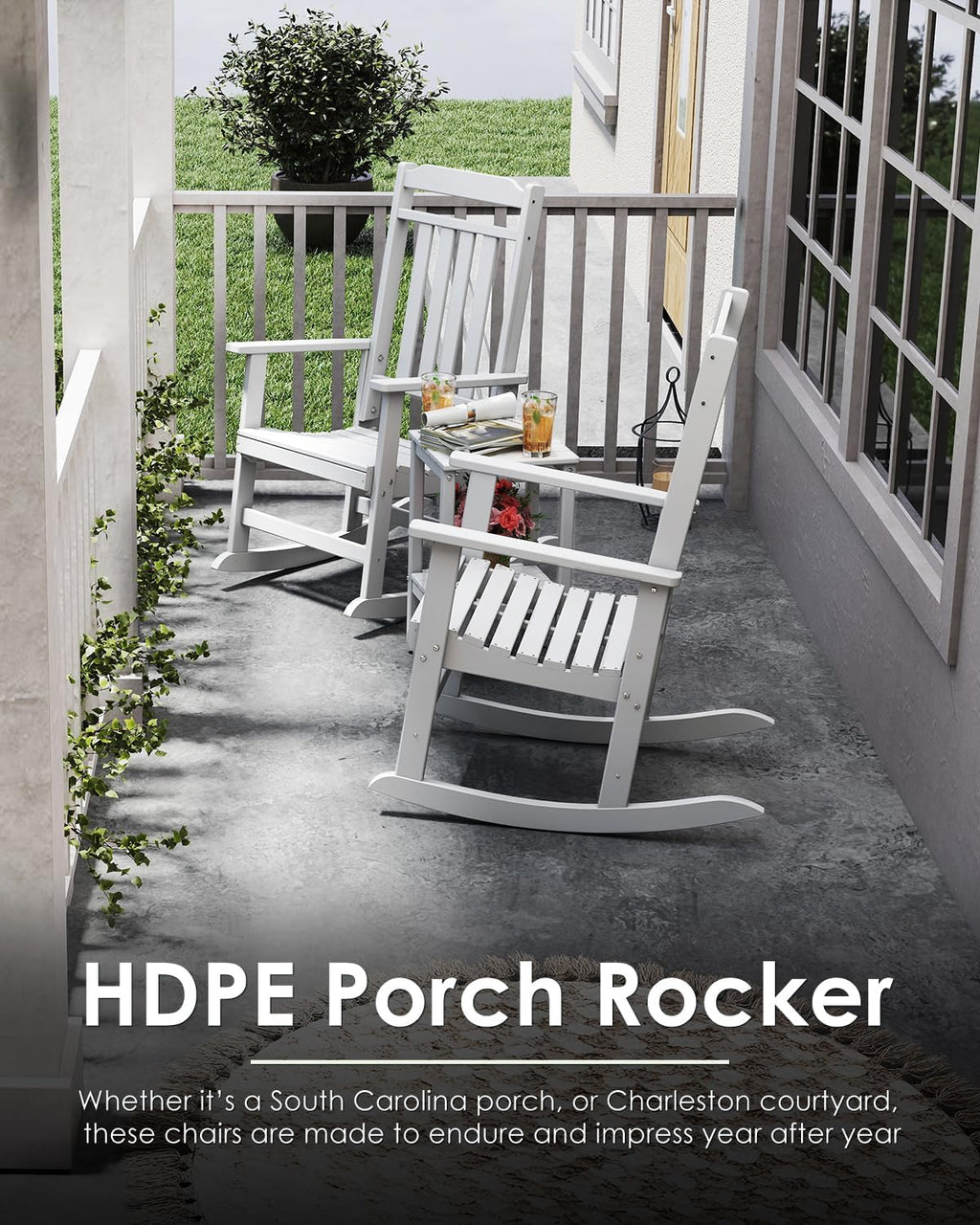GREENVINES Outdoor-Rocking-Chairs-Set-of-2 | HDPE Plastic | Patio Rockers | Porch Rocker Chair | Oversized | High Back | Big & Tall | White