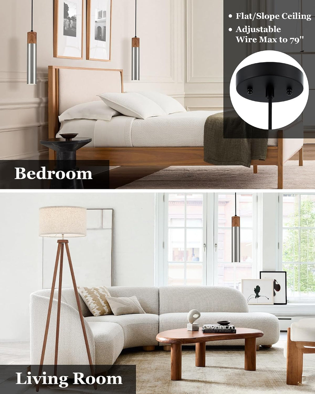 ELYONA Modern Pendant Light for Kitchen Island, Brown Wood Grain & Brushed Nickel Metal Bauhaus Long Tube Hanging Light Fixture for Dining Room, Bedroom, Adjustable Height, GU10 LED Bulb Included