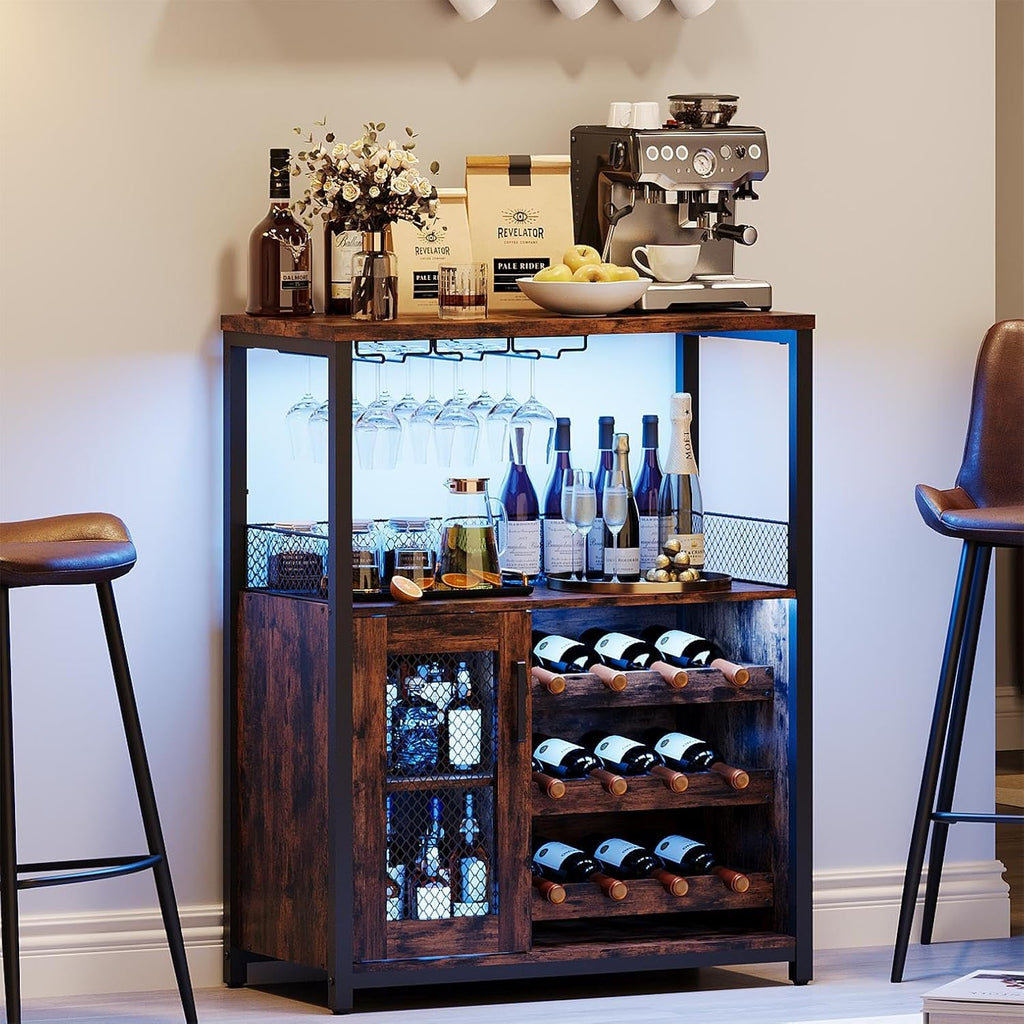 IDEALHOUSE Wine Bar Rack Cabinet with LED Light, Adjustable Shelves Coffee Bar Cabinet with Mesh Door and Baffle Design, 36″ Tall Small Liquor Bar Cabinet for Home, Kitchen, Dinning Room, Rustic Brown