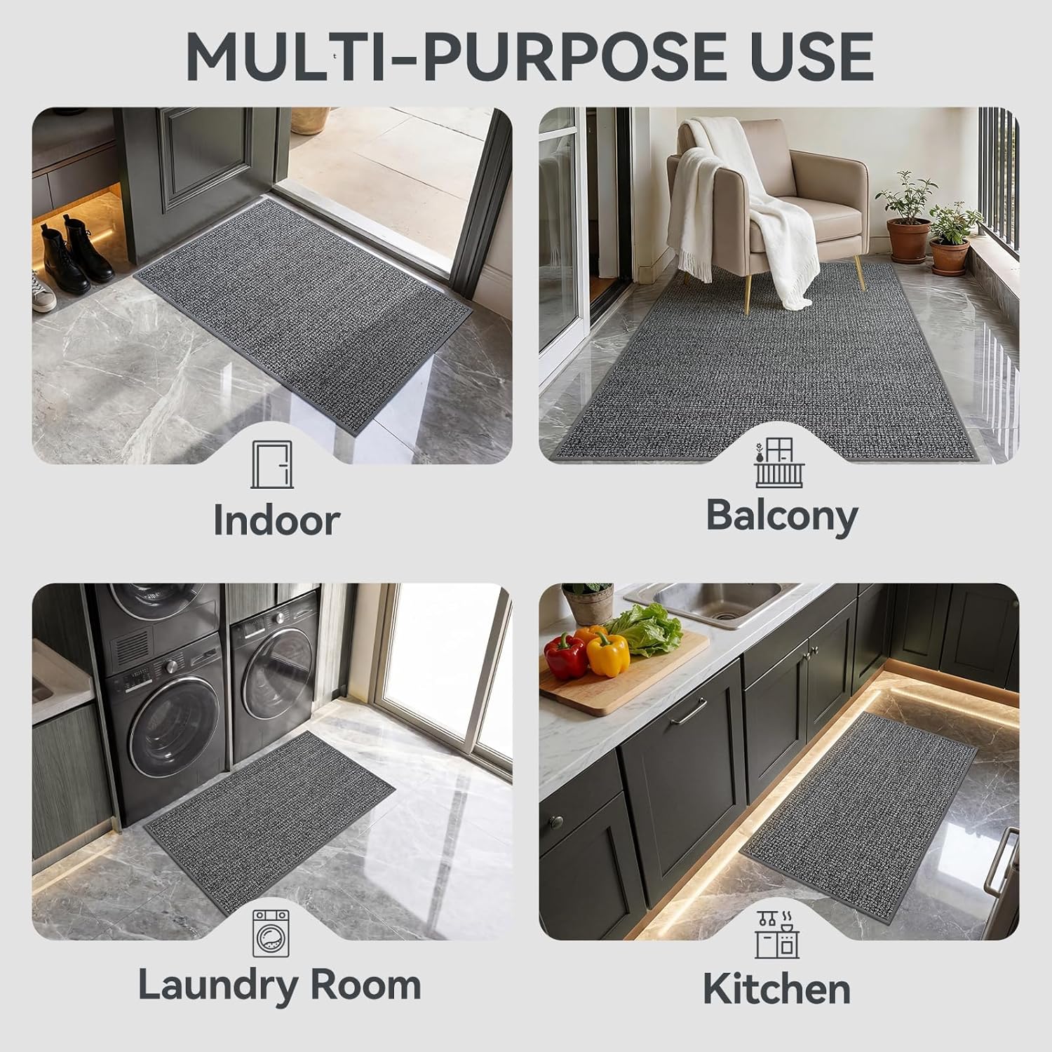 Front Door Mat Indoor Entrance 17"x30", Low-Profile Non Slip Inside Doormat for Entryway, Dirt Resistant Absorbent Front Porch Back Door Welcome Entry Door Mats, Washable Easy Clean, Gray