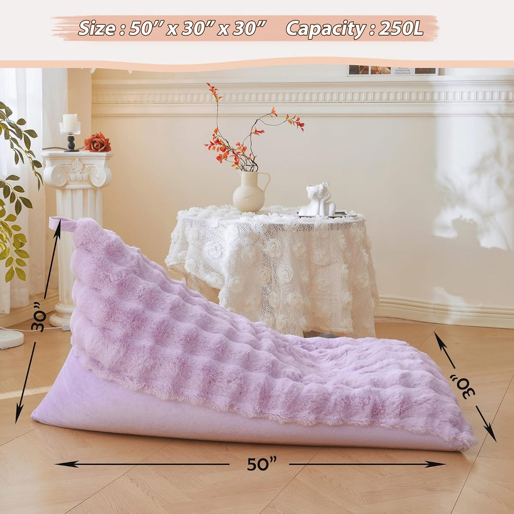 LIFEREVO Faux Rabbit Fur Stuffed Animal Bean Bag Storage (No Filler), Soft Waffle Bubble Beanbag Chair Cover for Cushion Home Decor, Furry Floor Lounger Plush Toys Organizer for Kids Girls, Lavender