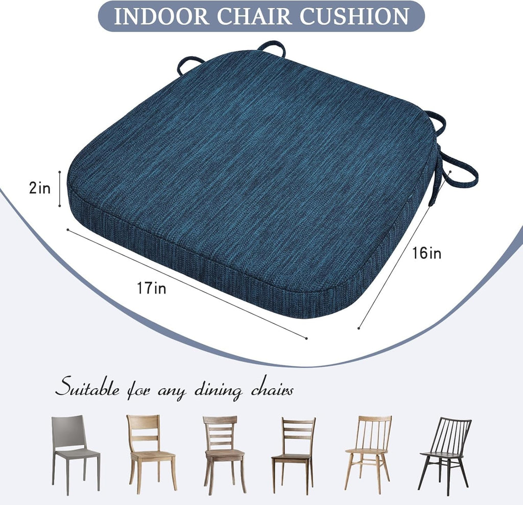 baibu Kitchen Chair Cushions Set of 2, Dual-Layer Patented Design Memory Foam Dining Chair Pads with Ties and Washable Cover, 2 Pack, 17" x 16" x 2", Blue