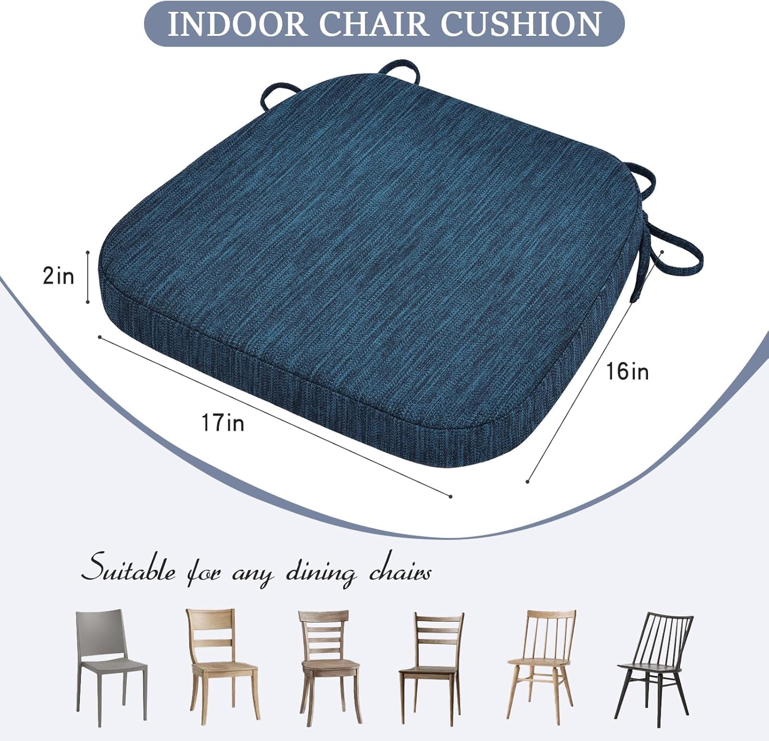 baibu Kitchen Chair Cushions Set of 2, Dual-Layer Patented Design Memory Foam Dining Chair Pads with Ties and Washable Cover, 2 Pack, 17" x 16" x 2", Blue