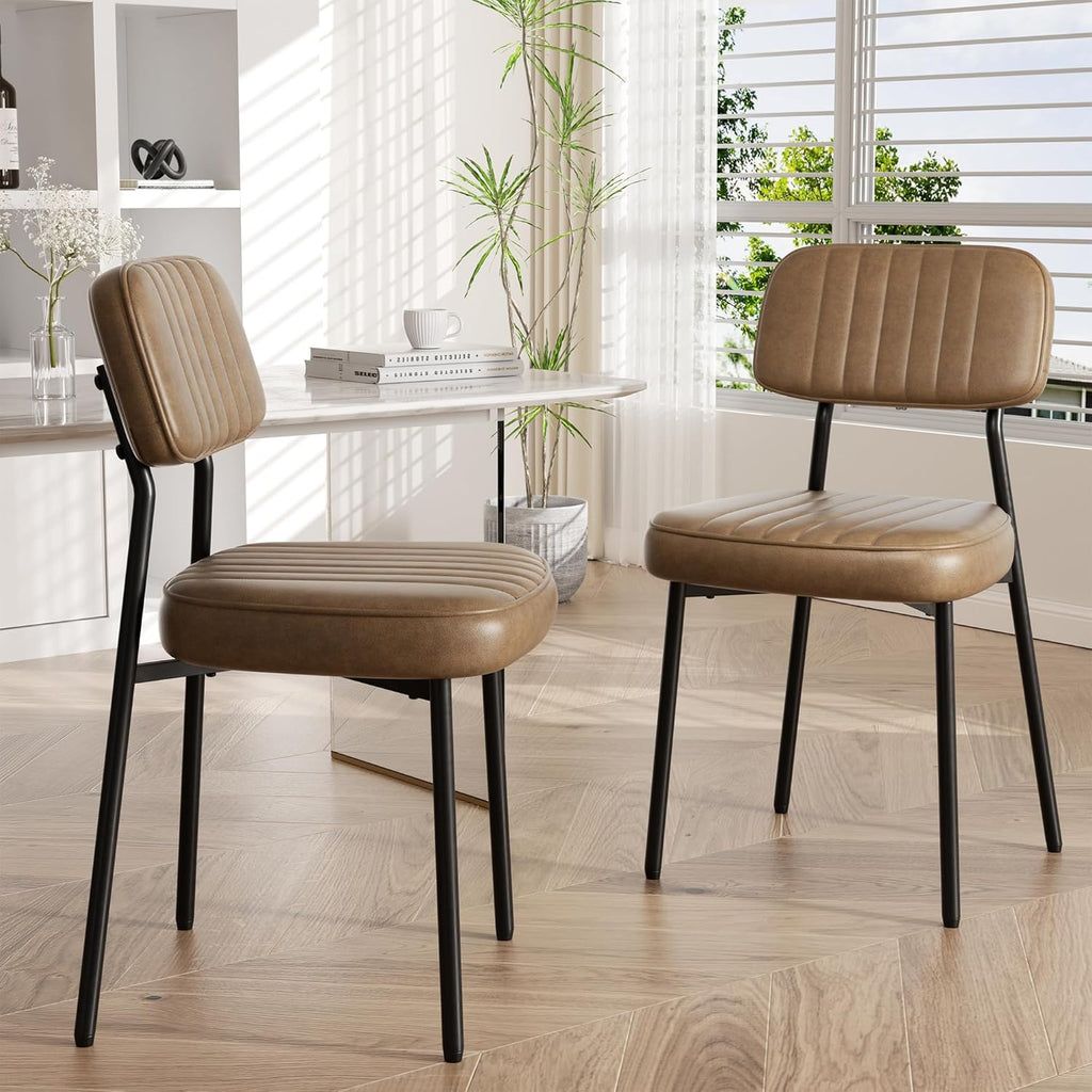 Brown Dining Chairs Set of 4, Modern Faux Leather Dining Chairs with Thick Cushions Seat Back and Metal Legs, Comfy Kitchen Chairs for Dining Living Room