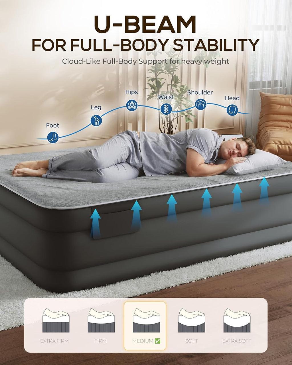 Fast Inflate AirBed, Quiet & Comfortable Blow Up Bed for Home Guests, Camping, Travel, 20” Tall Luxury Air Mattress with Quilted Foam Topper, U-shaped PVC strap for Extra Firm Support, Inflatable Bed