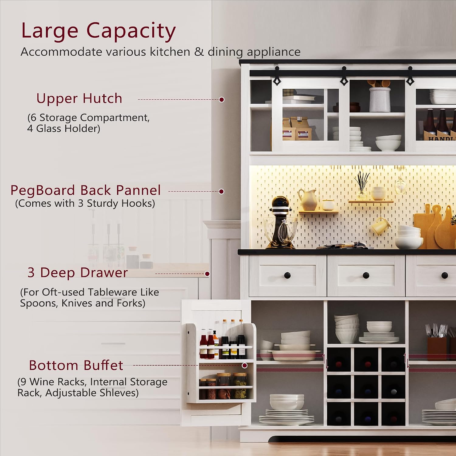 71" White Oak Coffee Bar Cabinet with Internal Storage Rack, Farmhouse Large Kitchen Hutch with Hutch Wine Glasses Rack, 3 Drawers, Sliding Door, Power Outlet, Buffet Storage Table, Cafe