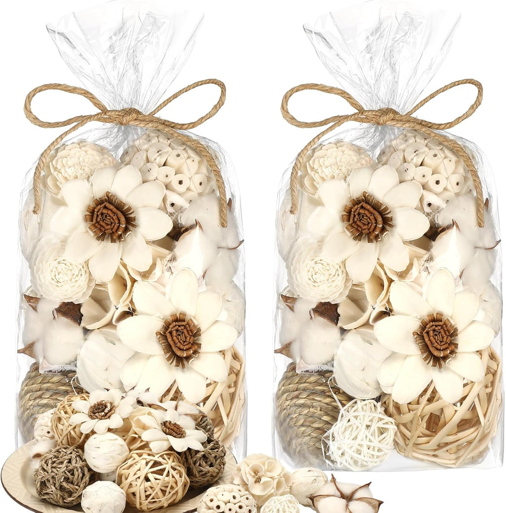Riceshoot White 2 Pack Potpourri Decorative Balls Bowl Filler Decor Summer Natural Vase Bowl Filler Centerpiece Assorted Spherical Sunflower Lemon Rattan Twigs Wicker Ball Cotton for Home