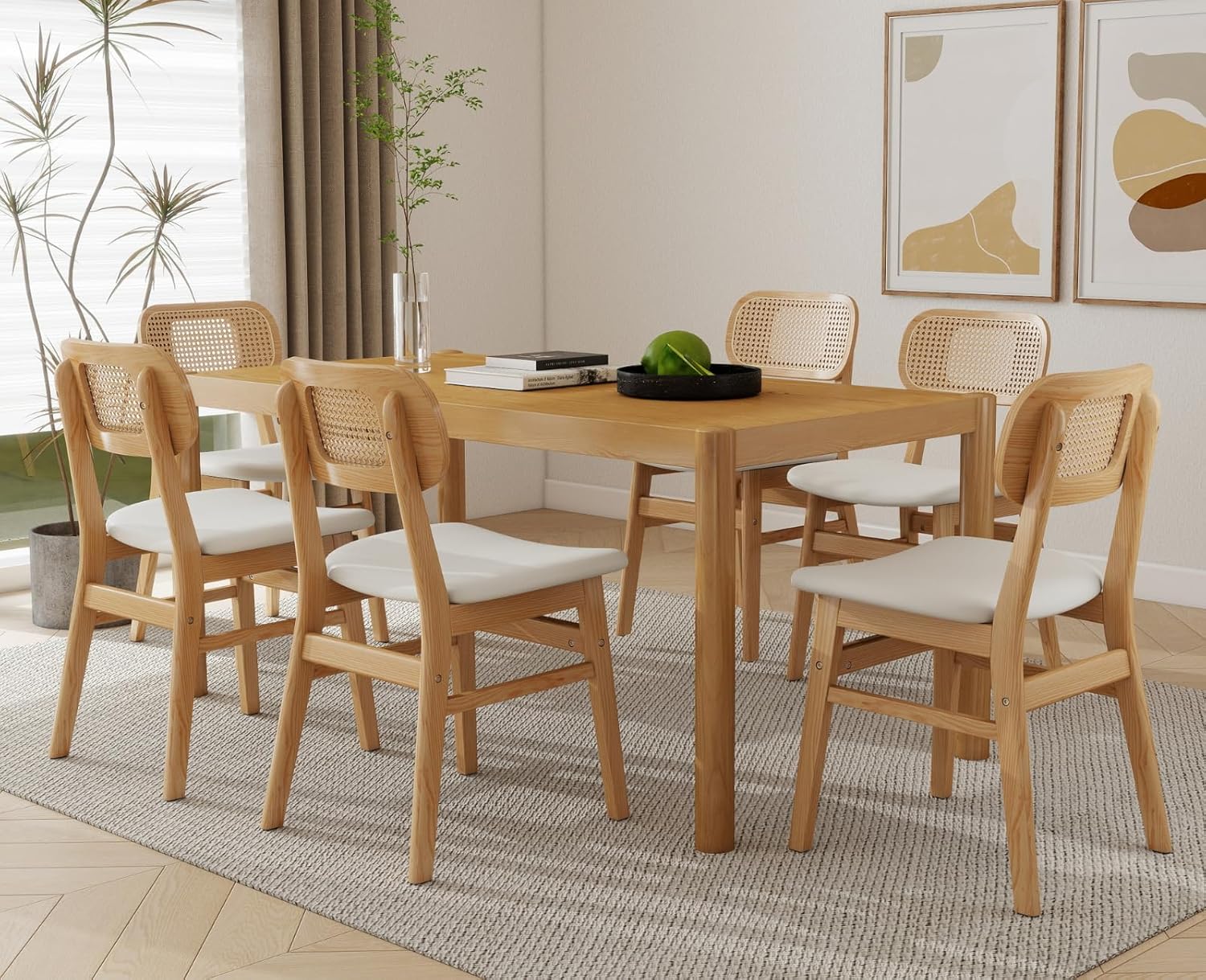 Shunzhi Rattan Dining Chairs Set of 6 Farmhouse White PU Leather Dining Room Chairs with Cane Back Mid Century Modern Kitchen Chairs Wooden Upholstered Boho Side Chair for Restaurant