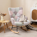 Moccha Nursery Rocking Chair, Teddy Upholstered Glider Rocker with High Backrest, Rubber Wood Legs & Side Pocket, Comfy Armchair Side Chair for Living Room Bedroom (1, Spliced Pink)