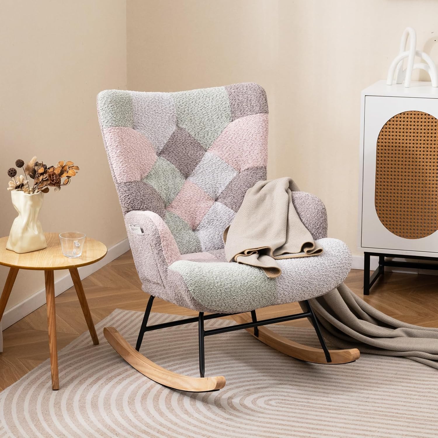 Moccha Nursery Rocking Chair, Teddy Upholstered Glider Rocker with High Backrest, Rubber Wood Legs & Side Pocket, Comfy Armchair Side Chair for Living Room Bedroom (1, Spliced Pink)